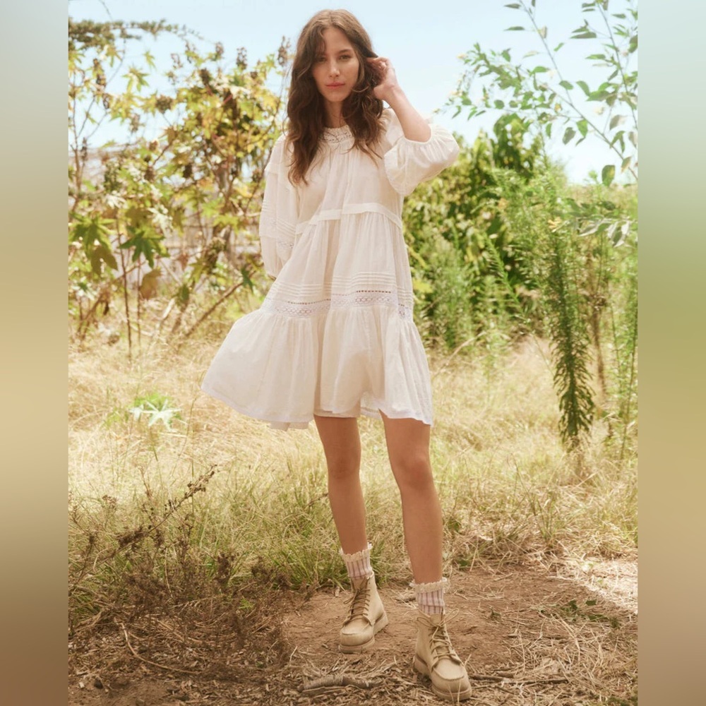 THE GREAT Short Nightingale Dress in Cream with Lace Inserts